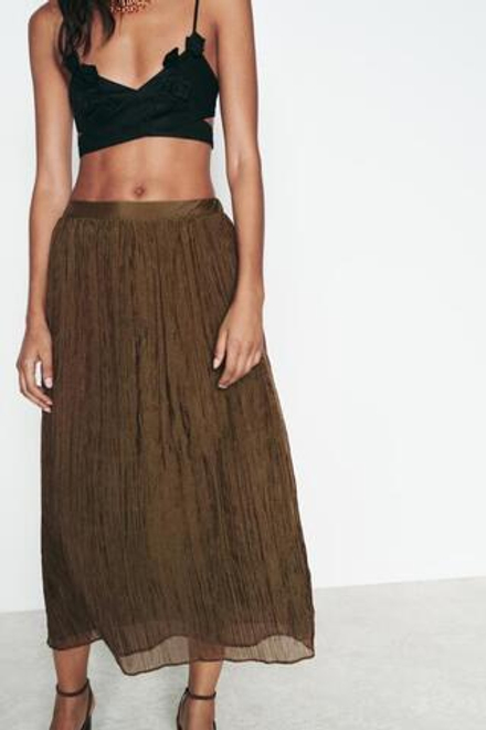 ZARA ЮБКА МИДИ ИЗ ЖАТОЙ ТКАНИ, ХАКИ