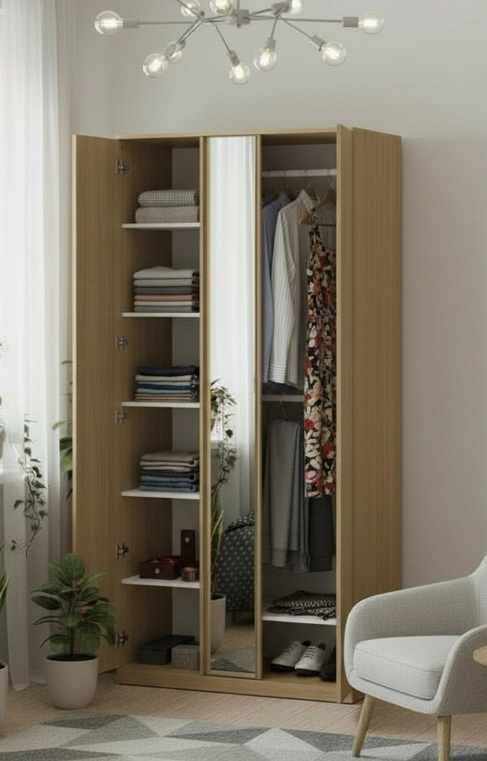 Шкаф распашной ВАРМА СТОР 105 с зеркалом, 222*105*57 см, скандинавский дуб