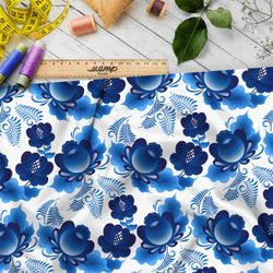 Ткань премиум шелк искусственный Армани вариации на тему гжели