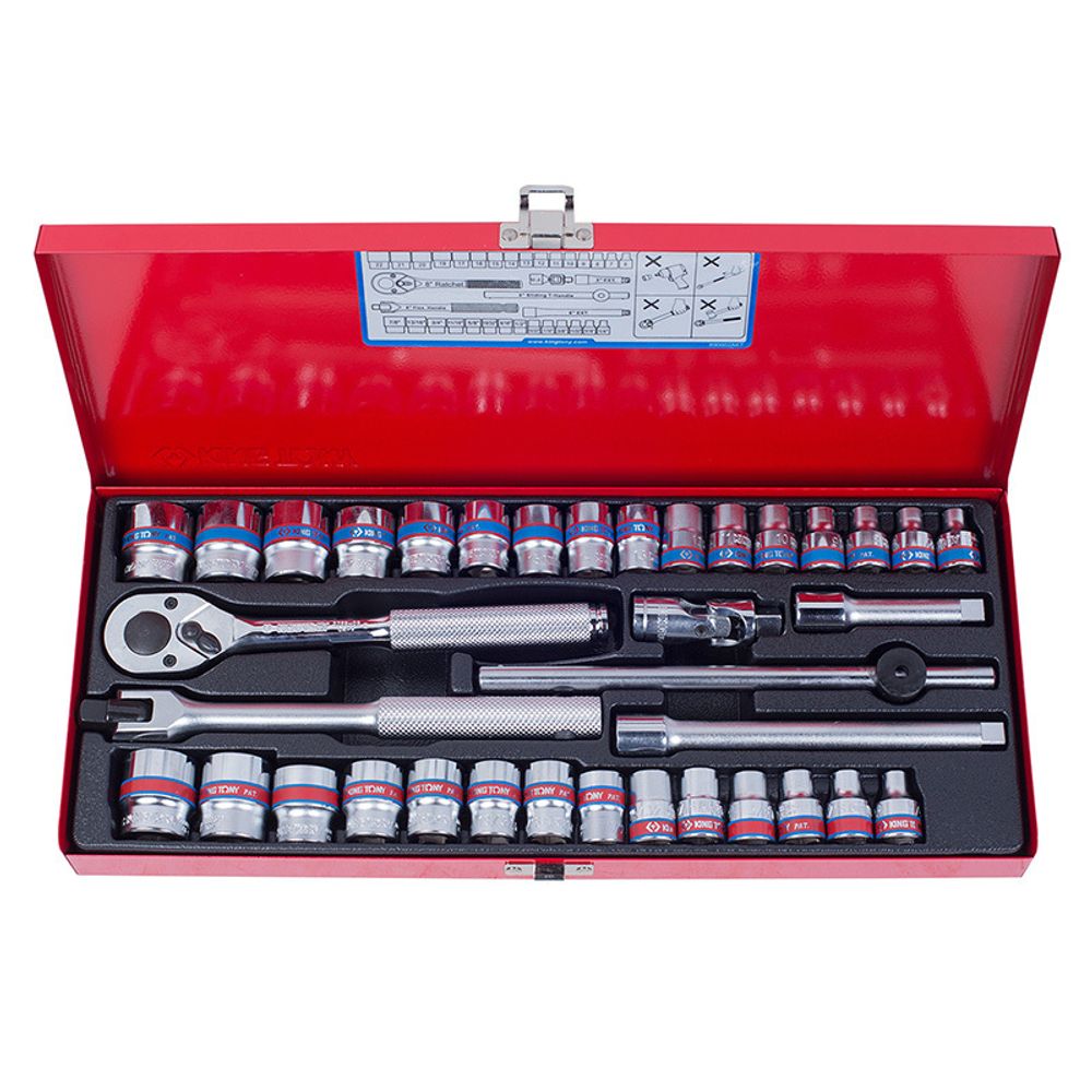 KING TONY (3036CR) Набор торцевых головок с принадлежностями 3/8", 12-гранные, 6-22 мм и 1/4"-7/8", 36 предметов