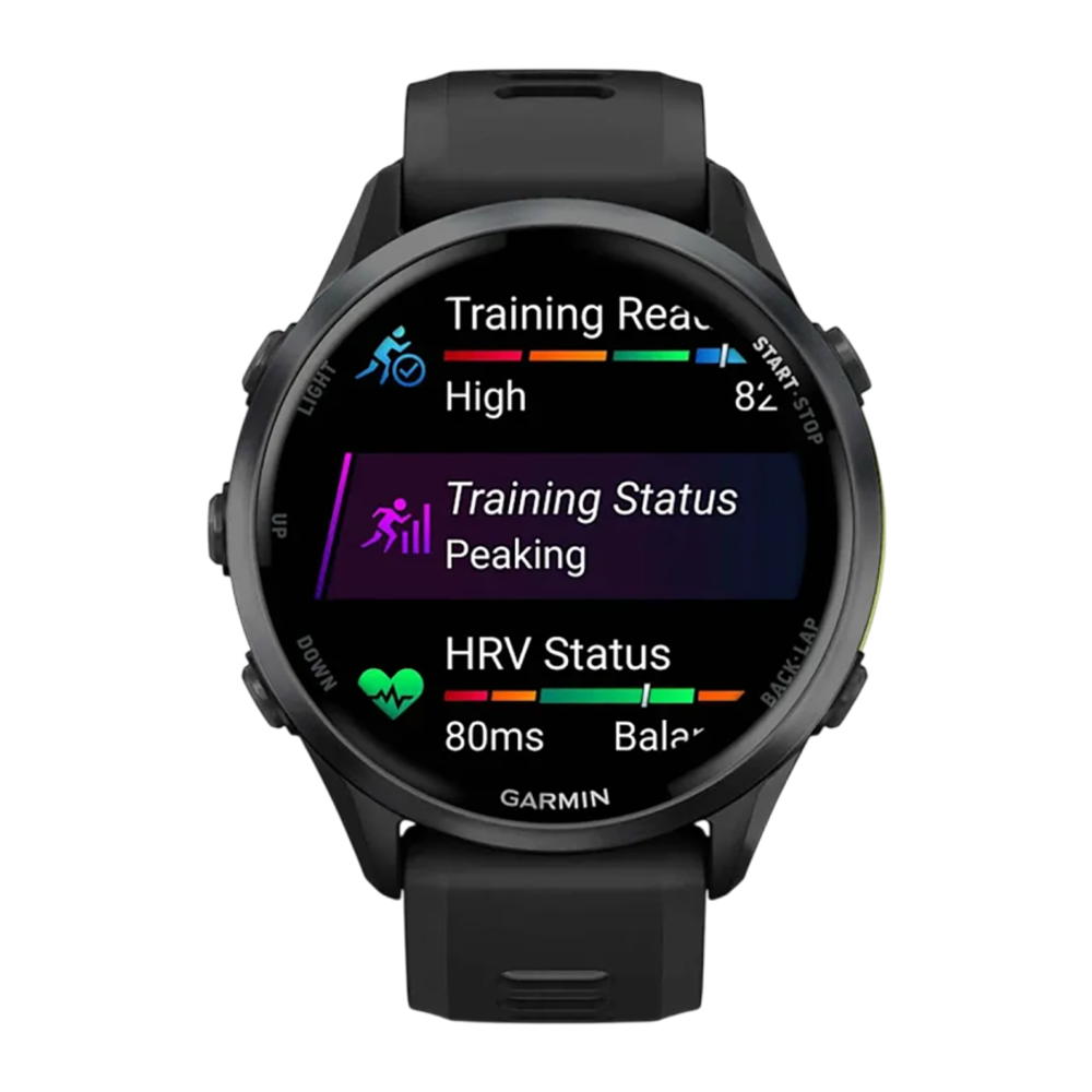 Спортивные часы Garmin Forerunner 970, силиконовый ремешок цвета чёрный/дымчато-серый Тёмно-серый безель из титана с DLC-покрытием, чёрный корпус, AMOLED-дисплей с сапфировым стеклом. Ремешок с классической застёжкой — на запястье обхватом 135–205 мм