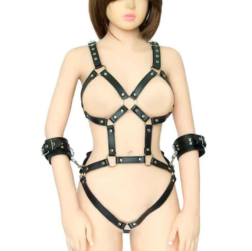 Черное боди-портупея с пристегивающимися наручниками (Размер: S-M) (Цвет: черный)