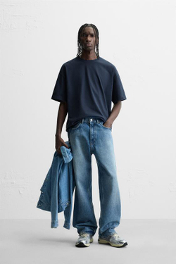 ZARA БАЗОВАЯ ФУТБОЛКА HEAVY WEIGHT, СИНИЙ