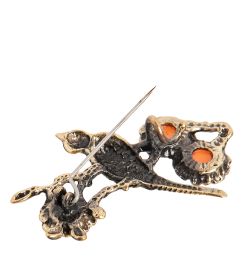AM-2379 Брошь «Райская Птичка» (латунь, янтарь)