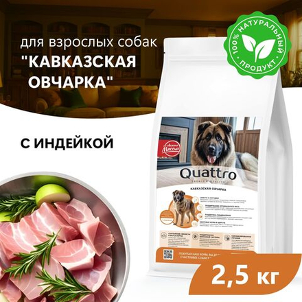 Корм сухой для взрослых собак породы Кавказская овчарка, премиум полнорационный комплекс, с индейкой, 2,5 кг, QUATTRO