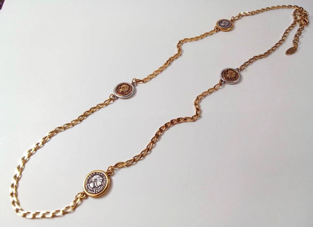 Колье длинная золот.цепь с монетами с профилем римс.импер., оттенок серебро с золот.кантом