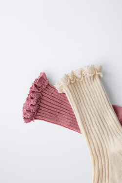 ZARA НАБОР ИЗ ДВУХ ПАР НОСКОВ С КРУЖЕВОМ, РОЗОВЫЙ/БЕЛЫЙ