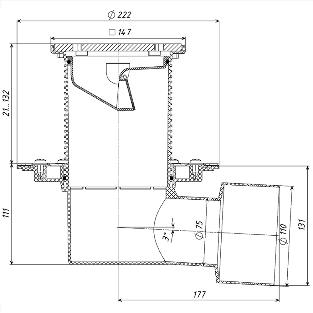 ТП-5100.1PN Трап горизонтальный регулируемый с выпуском 75/110, с прижимным фланцем, с незамерзающим затвором и чугунной решеткой