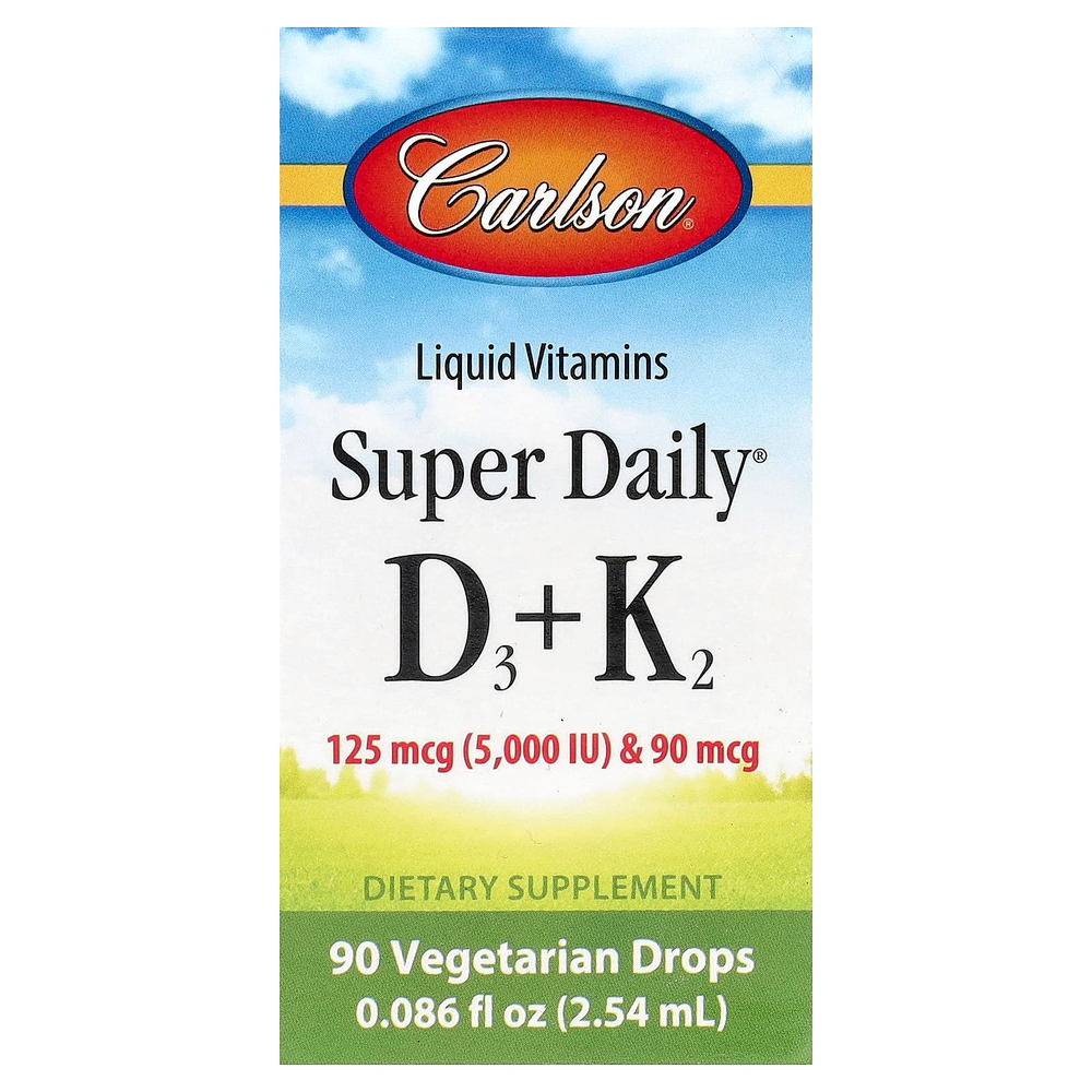 Carlson, Super Daily® D3 + K2, 125 мкг (5000 МЕ) и 90 мкг, 2,54 мл (0,086 жидк. унции)
