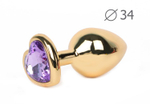 Каплевидная гладкая золотистая анальная втулка с кристаллом-сердечком сиреневого цвета - 8 см. (Цвет: сиреневый)