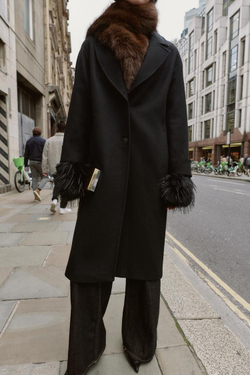 ZARA ПАЛЬТО ОВЕРСАЙЗ С ШЕРСТЬЮ И КОНТРАСТНЫМИ МАНЖЕТАМИ, ЧЕРНЫЙ