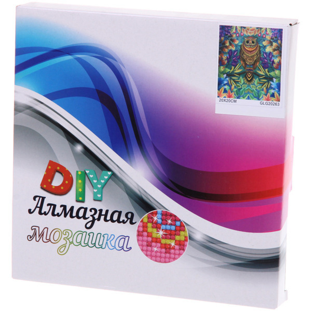 Алмазная мозаика на подрамнике с полным заполнением «МИР ЯРКИХ КРАСОК», радужная сова, 20*20см