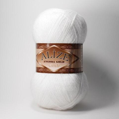ALIZE "Angora Gold Simli", 10% мохер, 10% шерсть, 5% металлик - 75% Акрил, 100 гр, 550 м, 55 белый