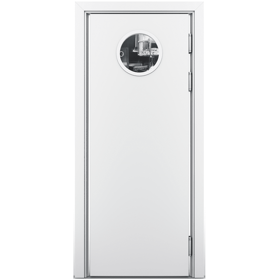 Маятниковая пластиковая влагостойкая дверь Poseidon гладкая белая остеклённая с иллюминатором