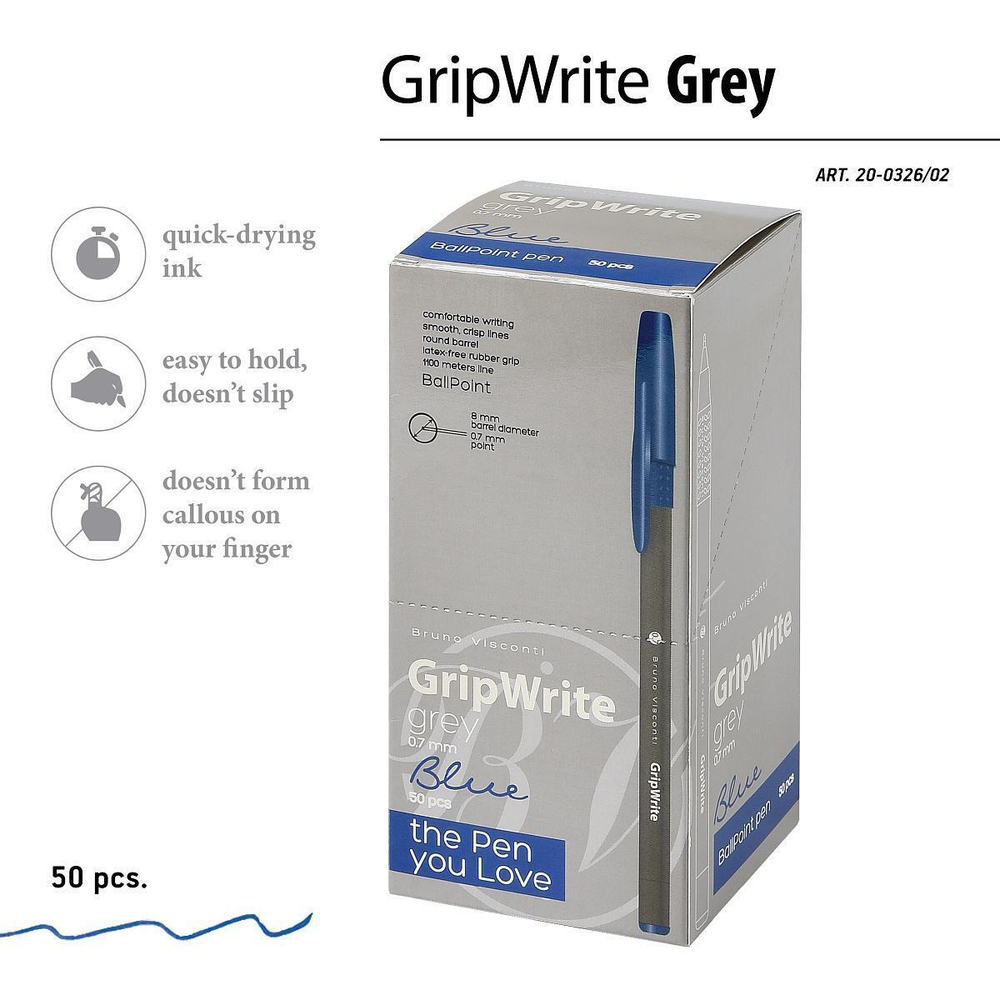 Ручка "GripWrite Grey" шариковая 0.7 мм, синяя (BrunoVisconti)