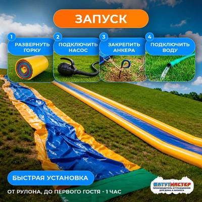 Водная горка без надувного дна, герметичная ТУРБО "Зефир", 80*6,5*1,5 м