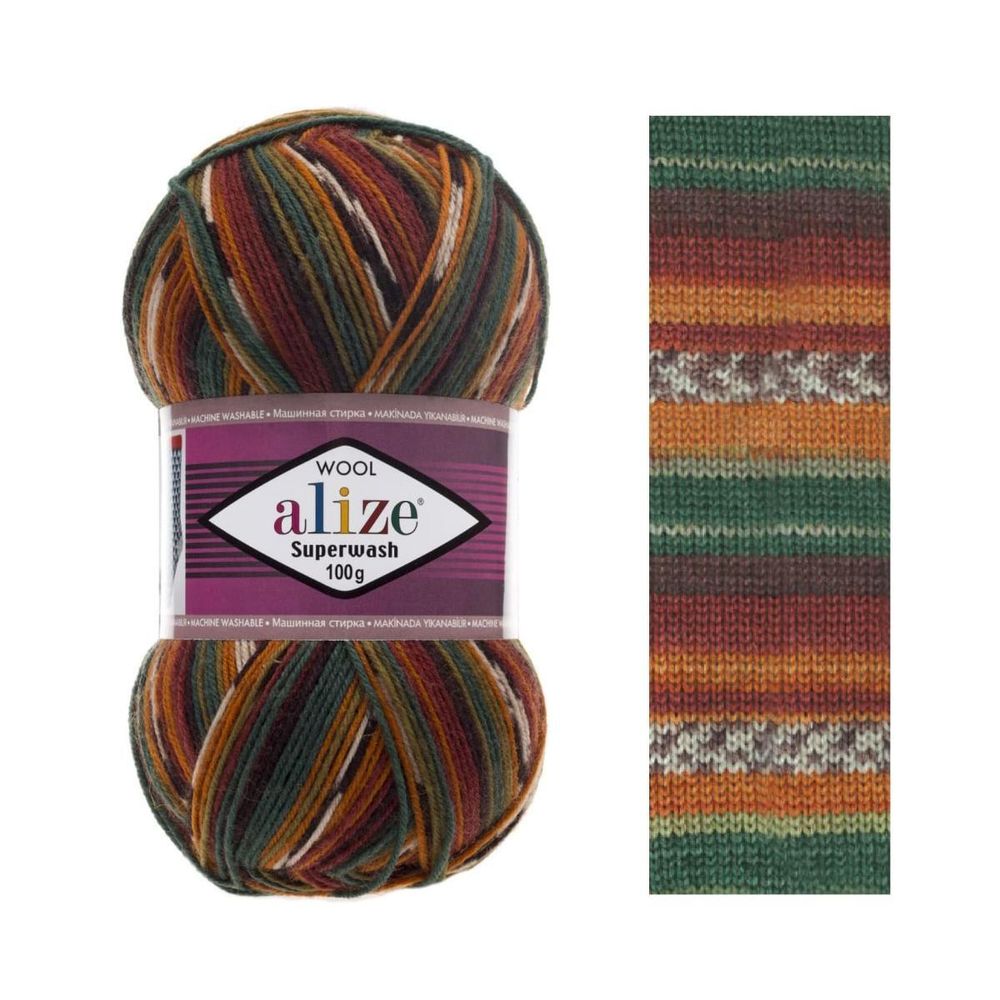 ALIZE &quot;SUPERWASH COMFORT&quot;, 75% шерсть, 25% п/а, 100 гр, 420 м, Зеленый/оранжевый