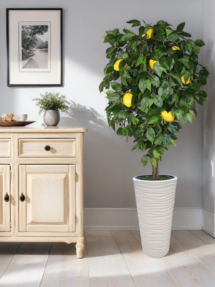 Искусственное дерево Лимон 170 см в высоком круглом белом кашпо
