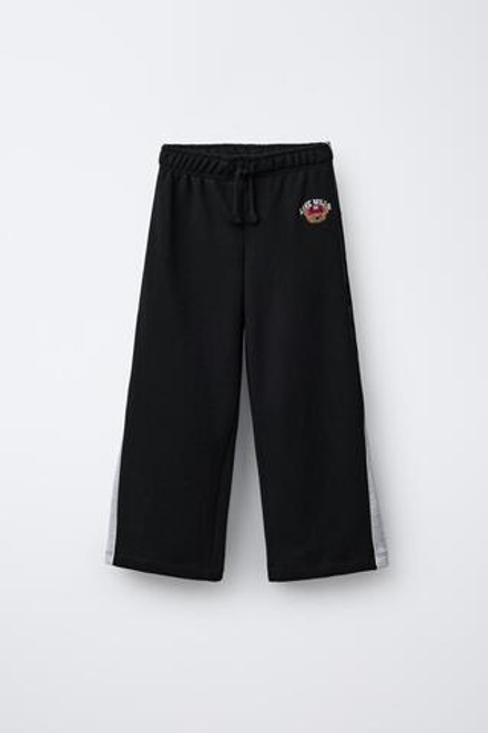 ZARA БРЮКИ WIDE LEG С ВЫШИТЫМ МЕДВЕДЕМ, ЧЕРНЫЙ