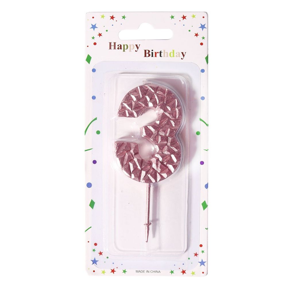 Свеча для торта Alingar, 5-6 см, на пике, "Цифра 3", цвет розовый перламутр, блистер с европодвесом