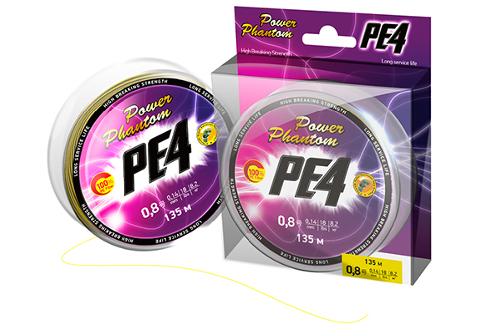 Шнур Power Phantom PE4, 135м, флуоресцентный желтый D-0,8, 0,14мм, 6,8кг