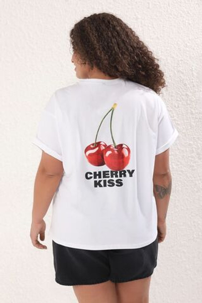 Белая футболка больших размеров с вишневым принтом спереди и сзади, облегающая футболка больших размеров TBBSS25BF00067