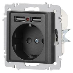 Розетка Intro Accent 6-410-07 с заземлением 2P+E Schuko со шторками 16А-250В + 2хUSB IP20 СУ графит | Intro