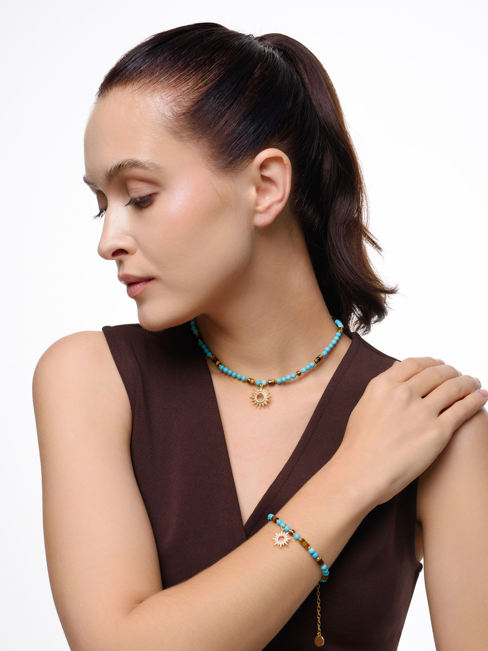Чокер "Sun" с турквенитом и тигровым глазом Gold