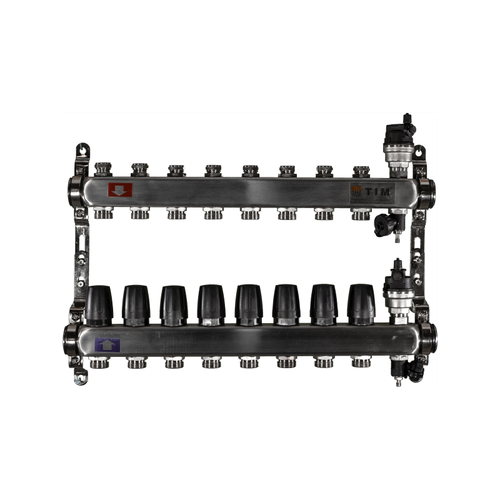 Коллектор из нержавеющей стали для отопления без расходомеров TIM 1" - 3/4" Евроконус - 8 выходов