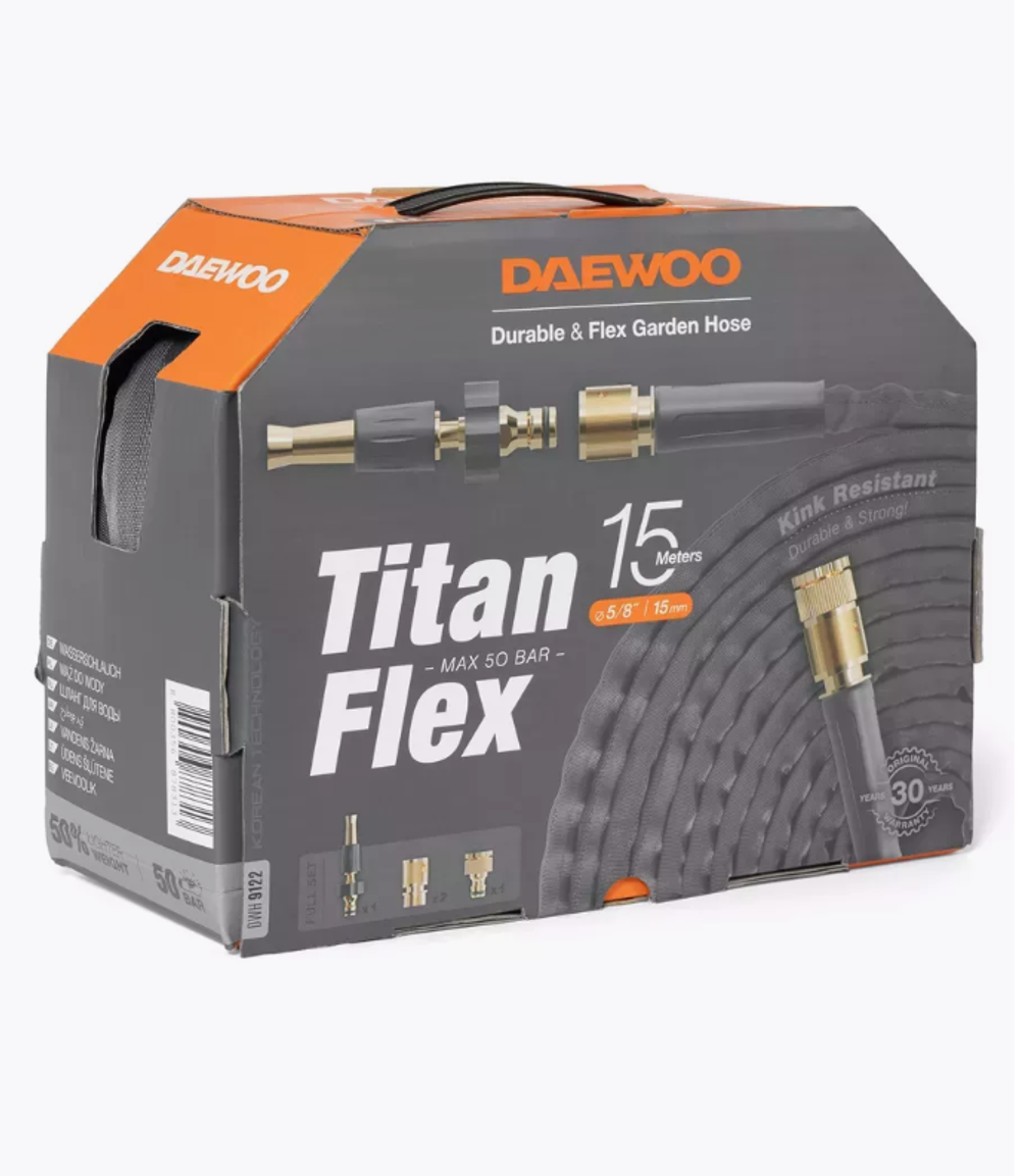 Шланг DAEWOO Titanflex 15 м, 5/8 дюймов, 15 мм, с комплектом для полива DWH 9122