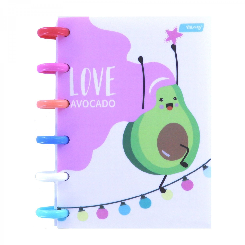 Блокнот А6, Yalong, цветные кольца, пластиковая обложка, клетка, 100 л., "Счастливые авокадо", ассорти