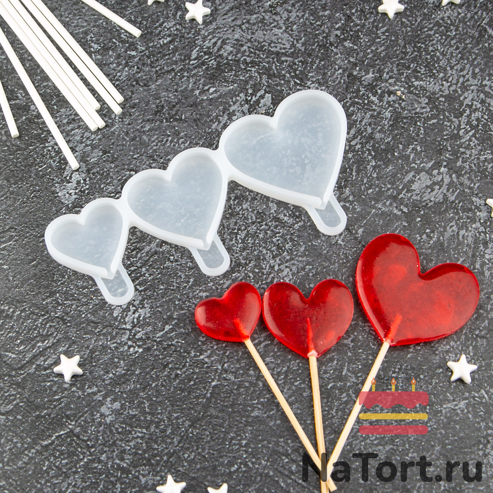 Силиконовая форма для леденцов  «Сердечки 3 в 1»