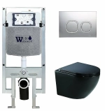Унитаз подвесной WeltWasser AMBERG 497 ST+MERZBACH 041 XL MT-BL+AMBERG RD-CR черный матовый, безободковый, с крышкой микролифт, слив-торнадо, с инсталляцией и кнопкой хром глянцевый