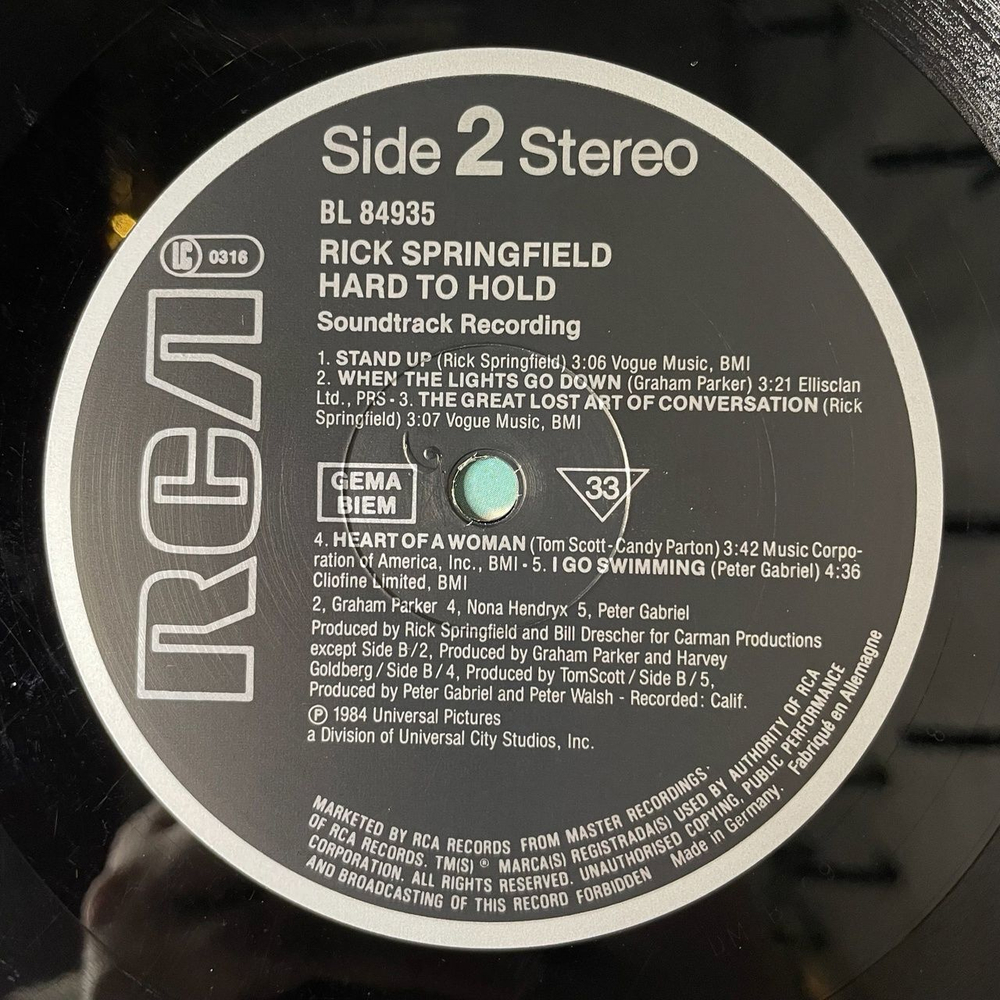 Винтажная виниловая пластинка LP Rick Springfield Hard To Hold Soundtrack Recording (Germany 1984)