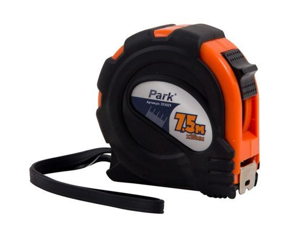 Рулетка Park с фиксатором, прорезиненный корпус, 7,5x25мм TM29-7525