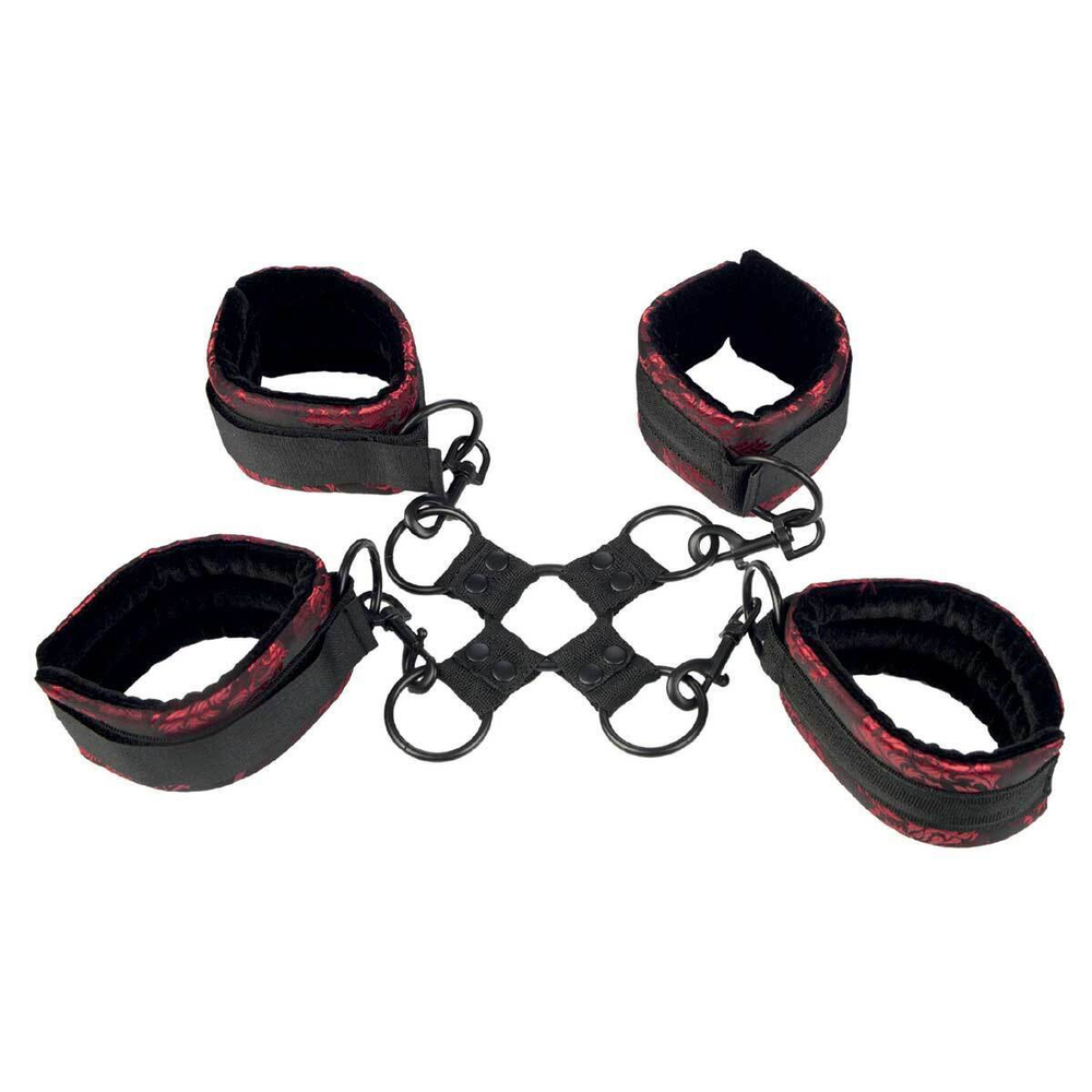 Атласные фиксаторы для рук и ног Scandal Hog Tie (Цвет: черный с красным)