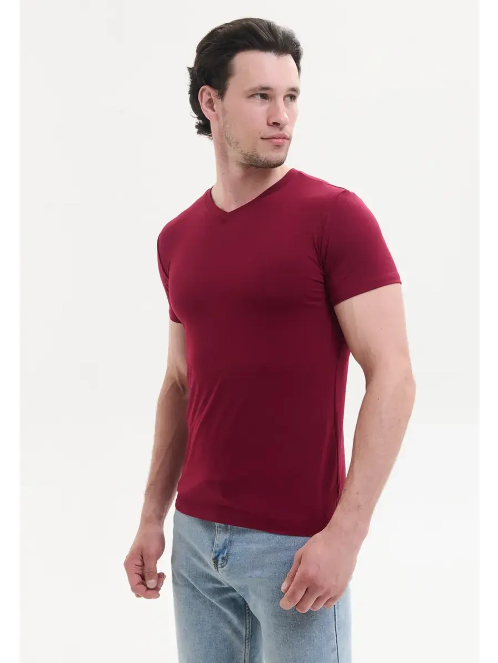 Футболка V-вырез однотонная облегающая