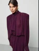 Платье с драпировкой и объемными плечами, Фиолетовое