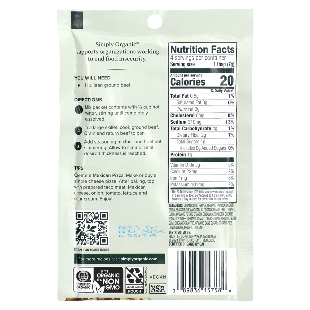 Simply Organic, смесь приправ для тако, 3 пакетика по 28 г (1 унции)