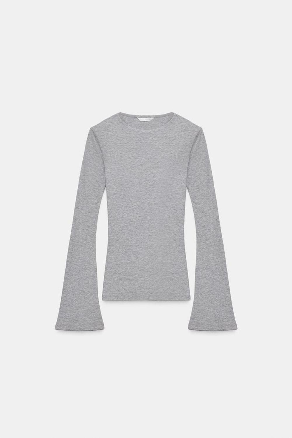 ZARA ФУТБОЛКА В РУБЧИК С РАСКЛЕШЕННЫМИ РУКАВАМИ, СЕРЫЙ МЕЛАНЖ