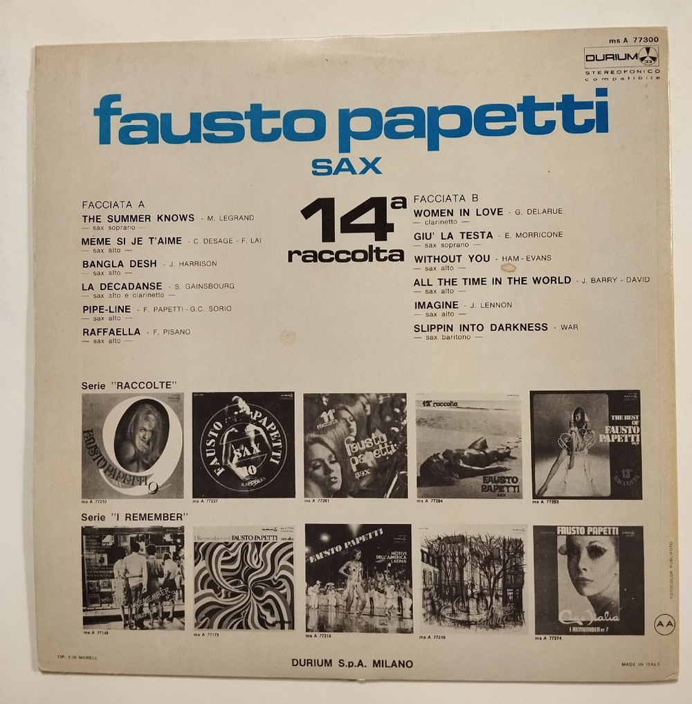 Винтажная виниловая пластинка LP Fausto Papetti 14a Raccolta (Italy 1971)
