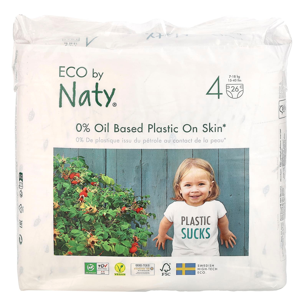 Naty, Подгузники для чувствительной кожи, размер 4, 15-40 фунтов (7-18 кг), 26 подгузников
