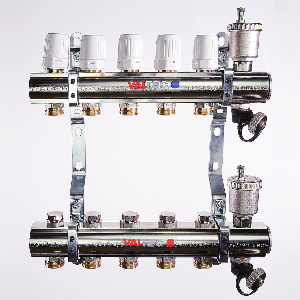 Коллекторный блок VALTEC латунный c регулировочными и балансировочными клапанами 1", 4 x 3/4", "евроконус"