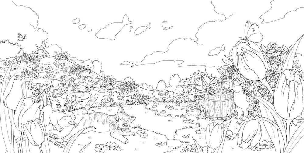 A floral journey of a cat seeking the joyful bell. Coloring Book