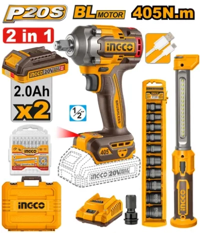 Аккумуляторный гайковерт, фонарь, головки BL 20В 405Hm 1/2, 2хАКБ 2Ач и ЗУ 2А INGCO COSLI23056 INDUSTRIAL
