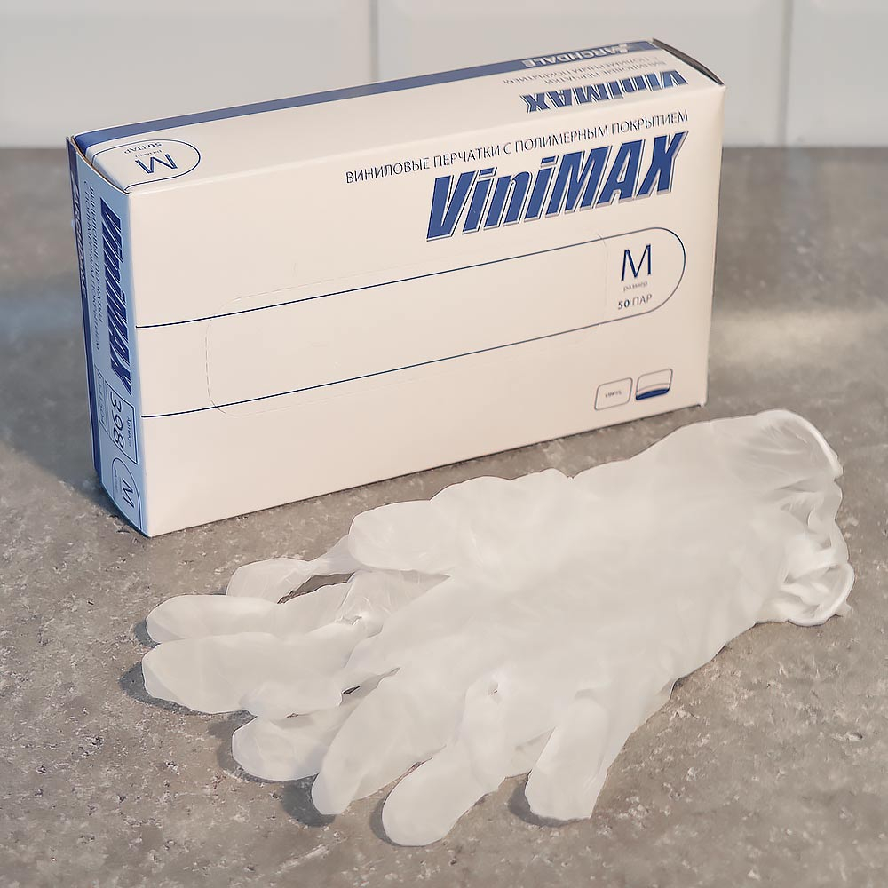 Перчатки виниловые M неопудренные (100шт), 102-059-035