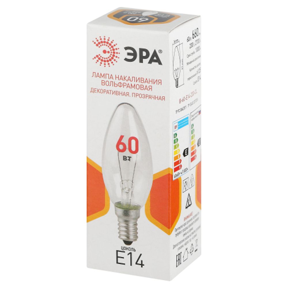 Лампа накаливания ЭРА B-60-E14-230-CL 60Вт 230В свеча прозрачная цветная коробка Е14