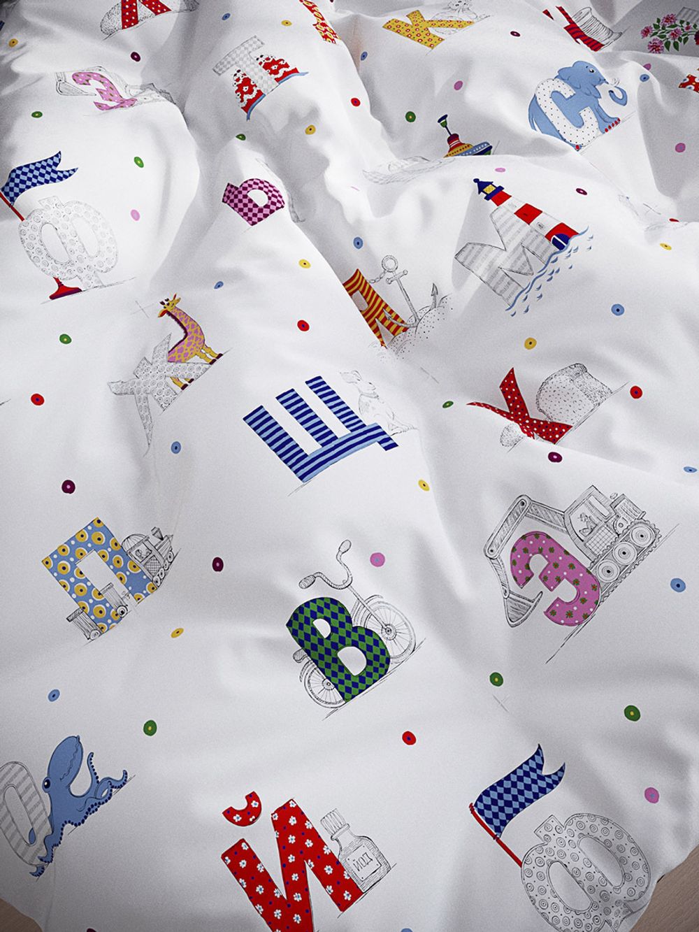 Постельное белье Сказка "Азбука" 1,5-сп Наволочка 50х70 1 шт Простынь на резинке 90х200 см Пододеяльник 145х215 см