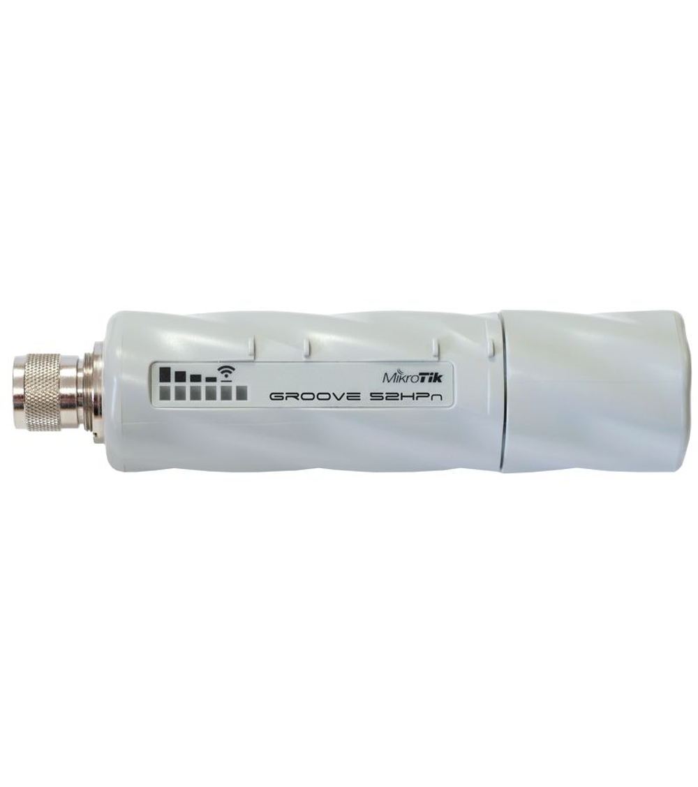 MikroTik Groove 52 with N-male connector, High Gain Single Chain 2.4GHz / 5GHz 802.11abgn wireless, 600MHz CPU, 64MB RAM, 1x LAN, mounting loops, POE, PSU, plastic case, RouterOS L3