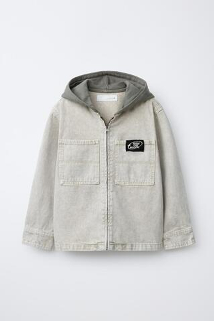 ZARA КУРТКА-РУБАШКА ИЗ САРЖИ С КАПЮШОНОМ, СЕРО-КОРИЧНЕВЫЙ